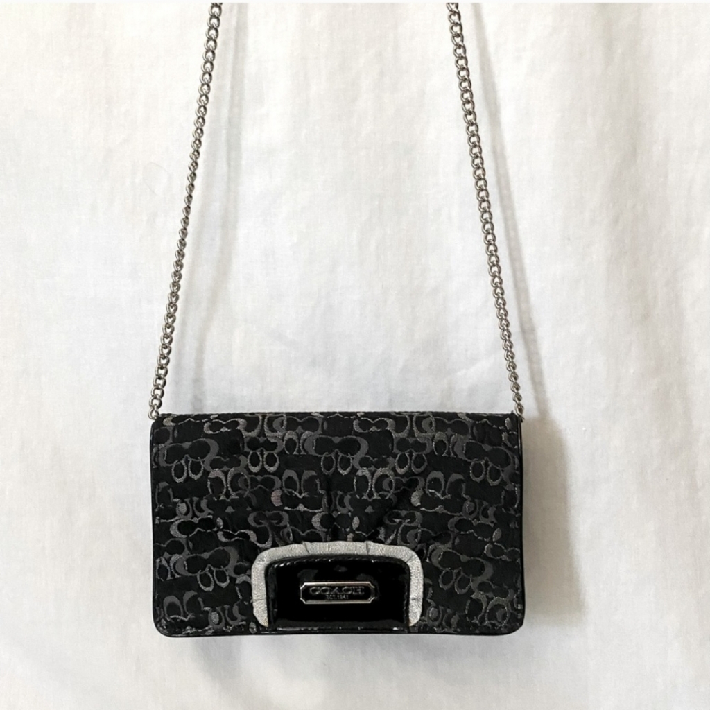 Euc Vintage Coach Signature Black/Silver Metallic Jacquard Chain Strap Crossbody